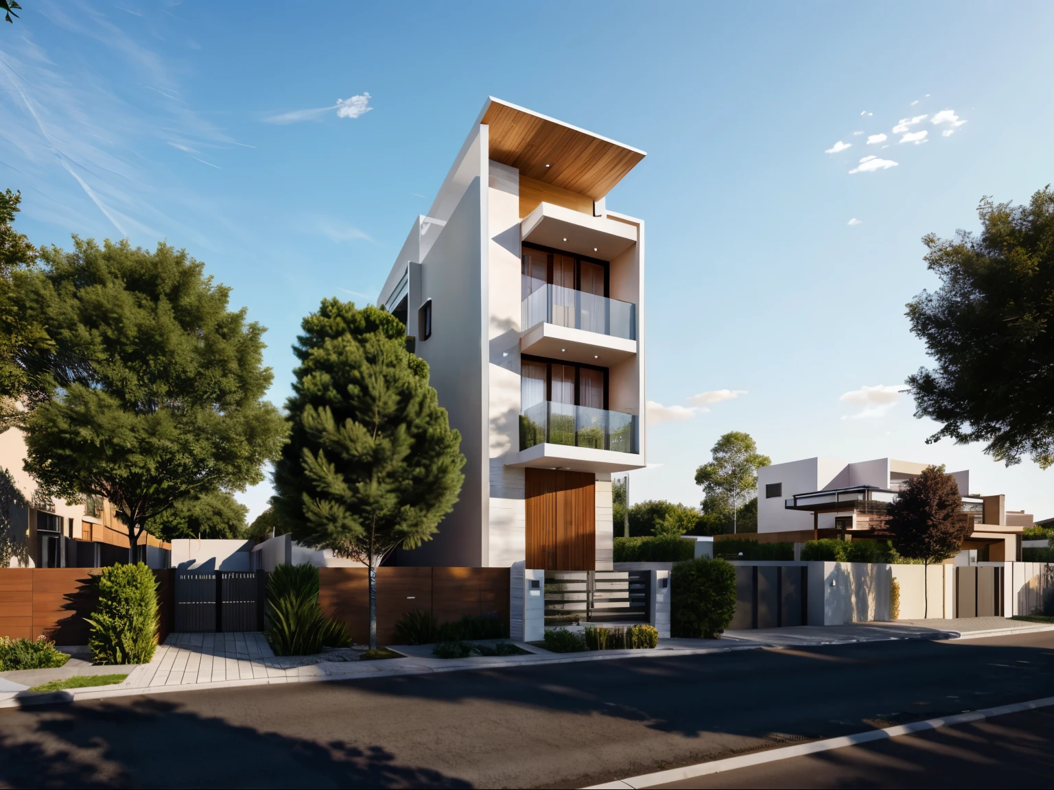 (masterpiece),(high quality), best quality, real,(realistic), super detailed, (full detail),(4k),8k,modern house exterior design,Modern architecture,Beautiful_sky,Day light, no_humans, outdoors,sky,tree,Garden flower front of building