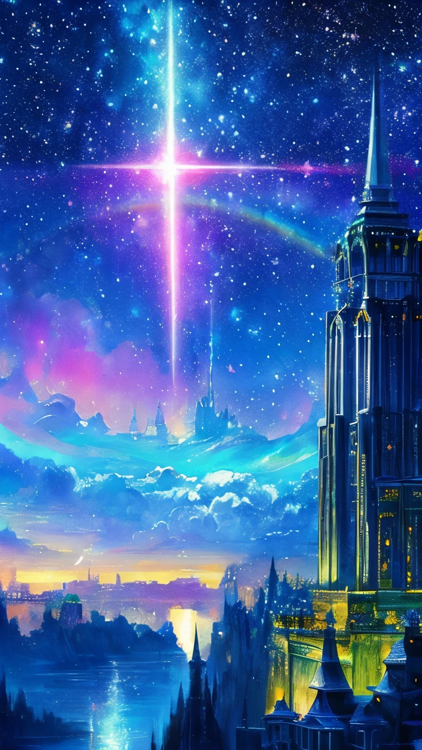 Colorful Metropolitan Museum of Art、Painting of a river with stars and moon in a rainbow sky、Met、輝くskyscraper、Shine overall、skyscraper、Concept art inspired by Tosa Mitsuoki、pixiv contest winners、highest quality、Fantasy art、Beautiful anime scene、Bright Moon、Moonlight Star Environment、Dream painting、Anime Background Art、Fantasy Landscape Painting、Fantasy Knight、Anime Background、Background artwork、Amazing art、Atmospheric anime、Starry Sky、details enhanced。