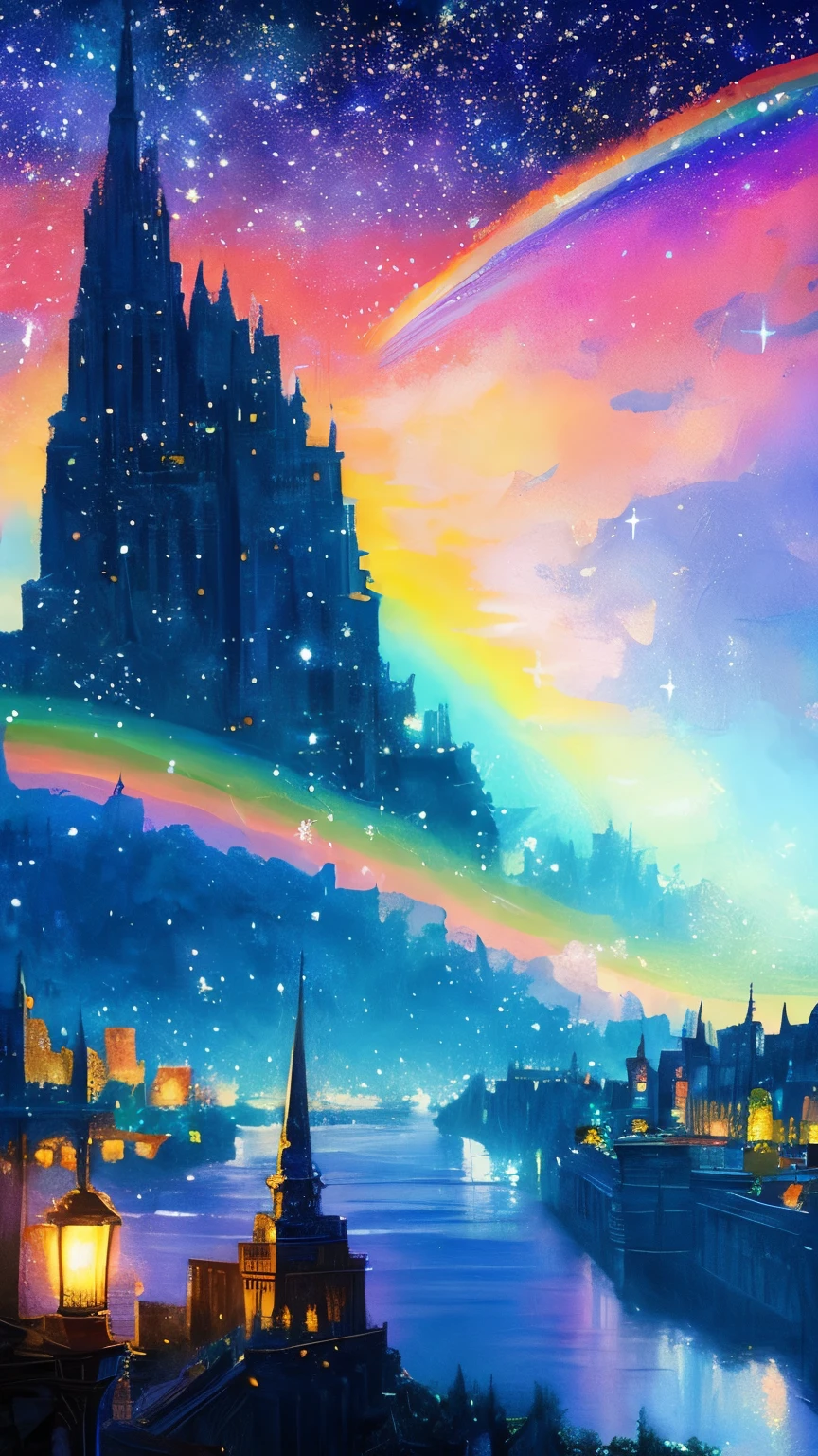 Colorful Metropolitan Museum of Art、Painting of a river with stars and moon in a rainbow sky、Met、輝くskyscraper、Shine overall、skyscraper、Concept art inspired by Tosa Mitsuoki、pixiv contest winners、highest quality、Fantasy art、Beautiful anime scene、Bright Moon、Moonlight Star Environment、Dream painting、Anime Background Art、Fantasy Landscape Painting、Fantasy Knight、Anime Background、Background artwork、Amazing art、Atmospheric anime、Starry Sky、details enhanced。