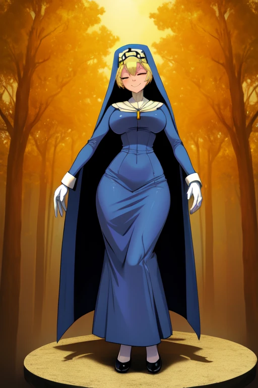 Double, short blonde hair, medium breasts, solo, smiling, cowboy shot, closed eyes, 
 blue habit, cross necklace ,white gloves, long sleeves, nun, long skirts, cloak, cape, full body view 
(insanely detailed, beautiful detailed face,beautiful detailed eyes, masterpiece, best quality) forest 
   