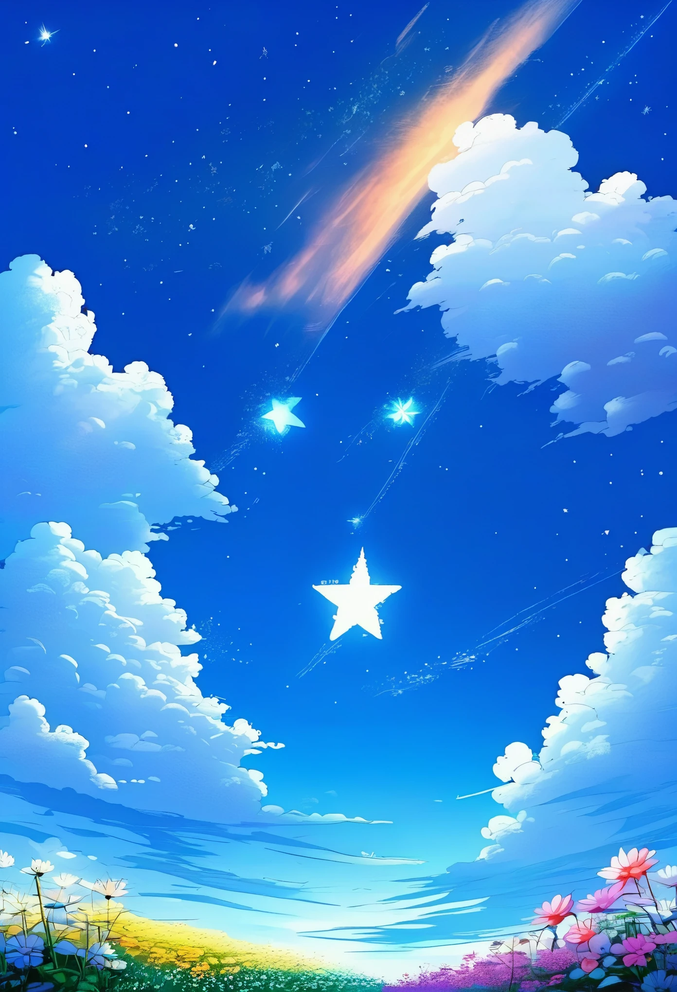 artist name,blue sky,cloud,cloudy sky,day,flower,horizon,no humans,outdoors,sky,sparkle,star \(sky\),sunset