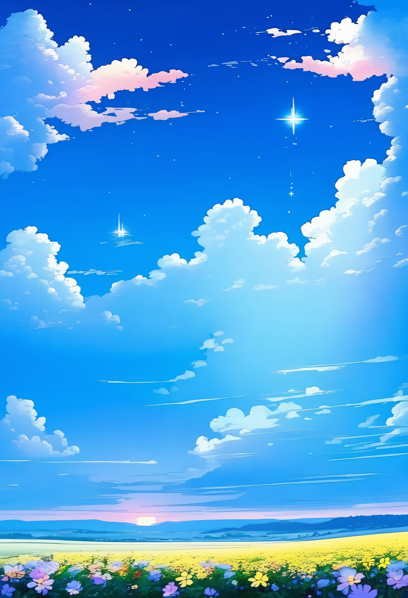 artist name,blue sky,cloud,cloudy sky,day,flower,horizon,no humans,outdoors,sky,sparkle,star \(sky\),sunset