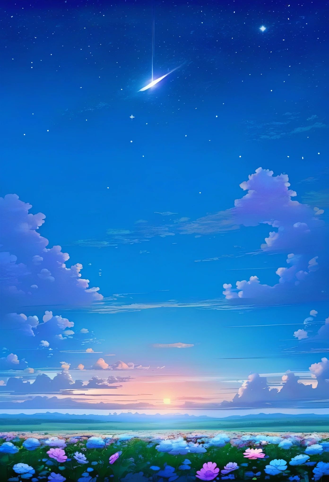 artist name,blue sky,cloud,cloudy sky,day,flower,horizon,no humans,outdoors,sky,sparkle,star \(sky\),sunset