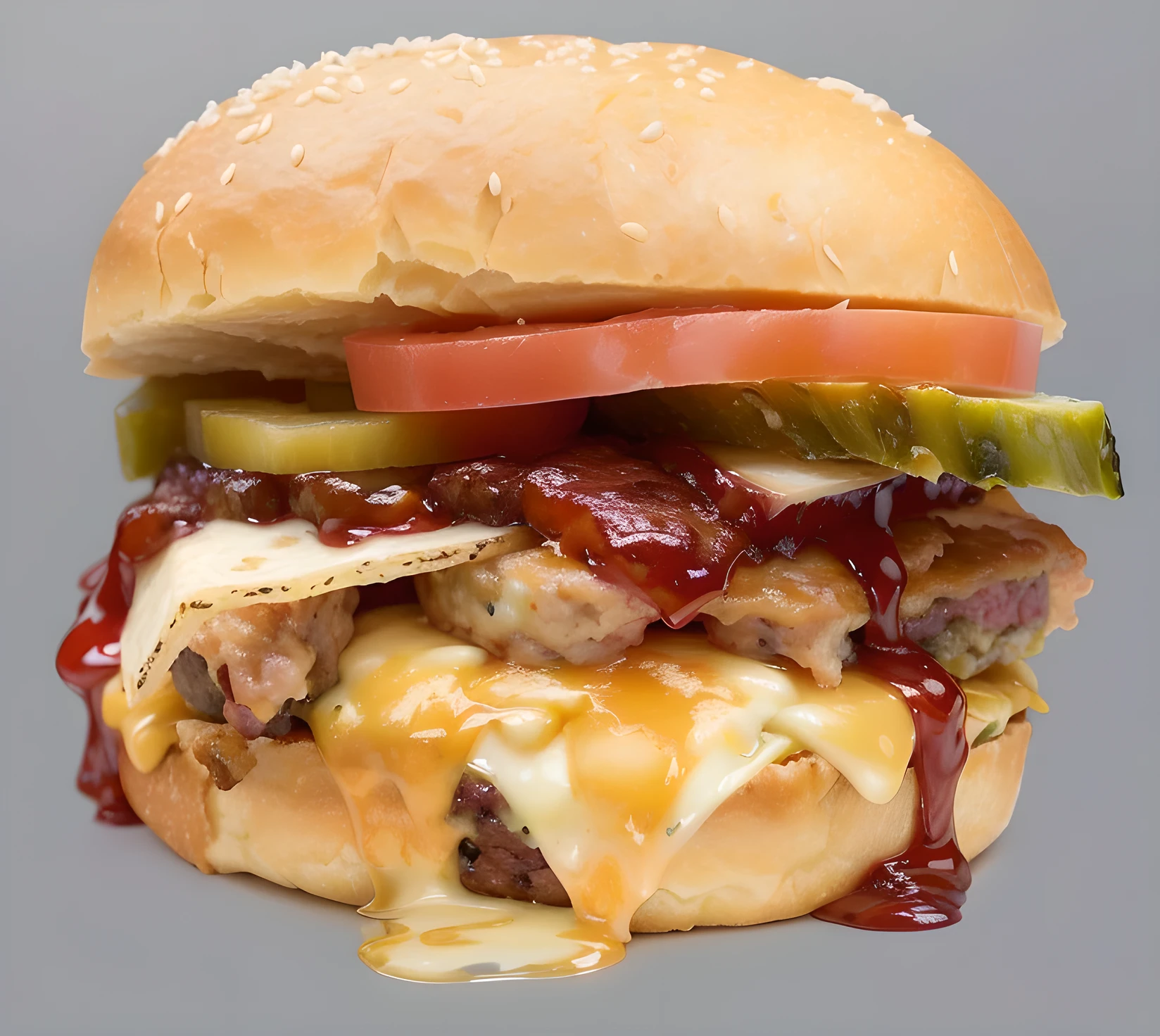 There is a meat sandwich, cheese, And pickles., Burger with human eyes, Hyperrealistic Food Photography, cheeseBurger, goopy, by Joe Bowler, Chicken sandwich, Burger with human mouth, Surreal, Close-up photo, Burger, Detailed zoom photos, Sloppy, Photorealism Artist Style, Burger with a mouth, hot dog, Ben Zoller,Make the cheese even more melty