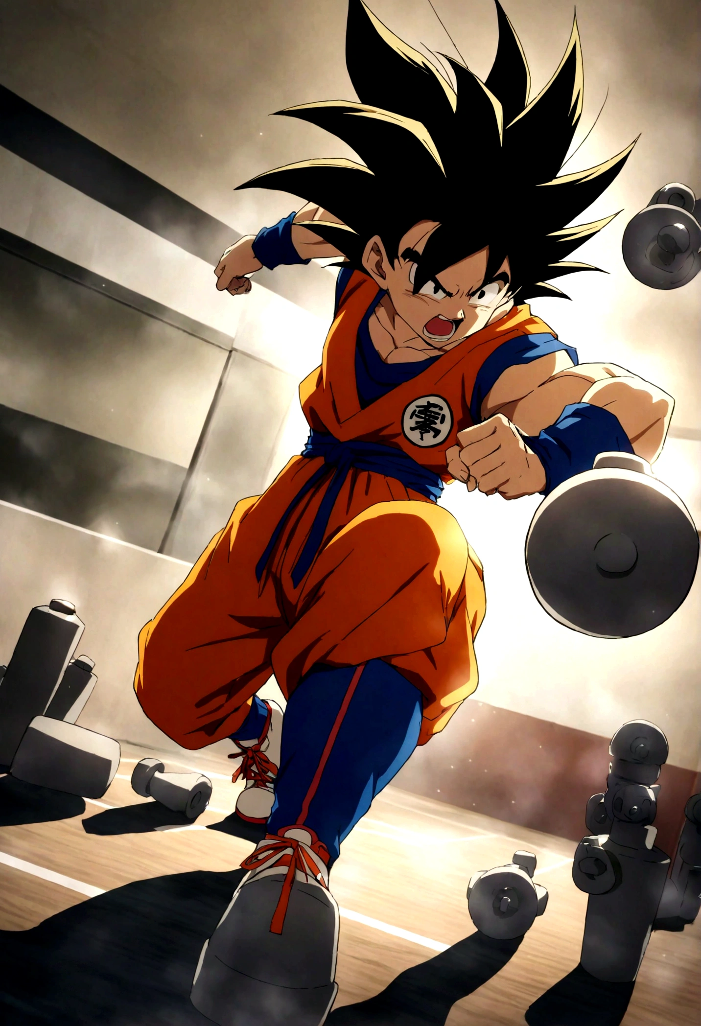 Source_anime,Goku,practice using dumbles in gym,asthetic