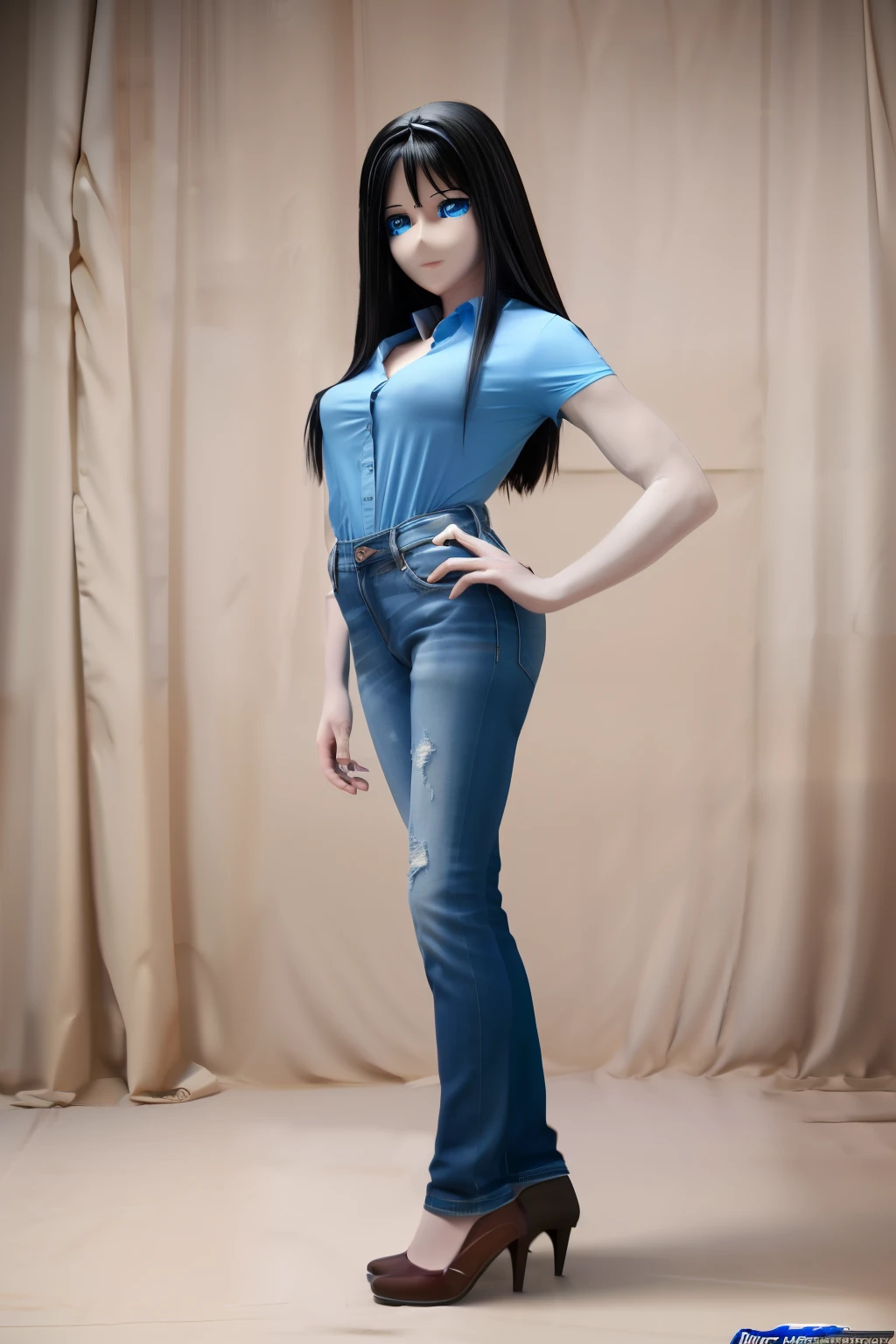 ultra high definition, highres, animatronic housewife, black hair, blue eyes, blue shirt, jeans, glowing eyes, standing erect, nsfw