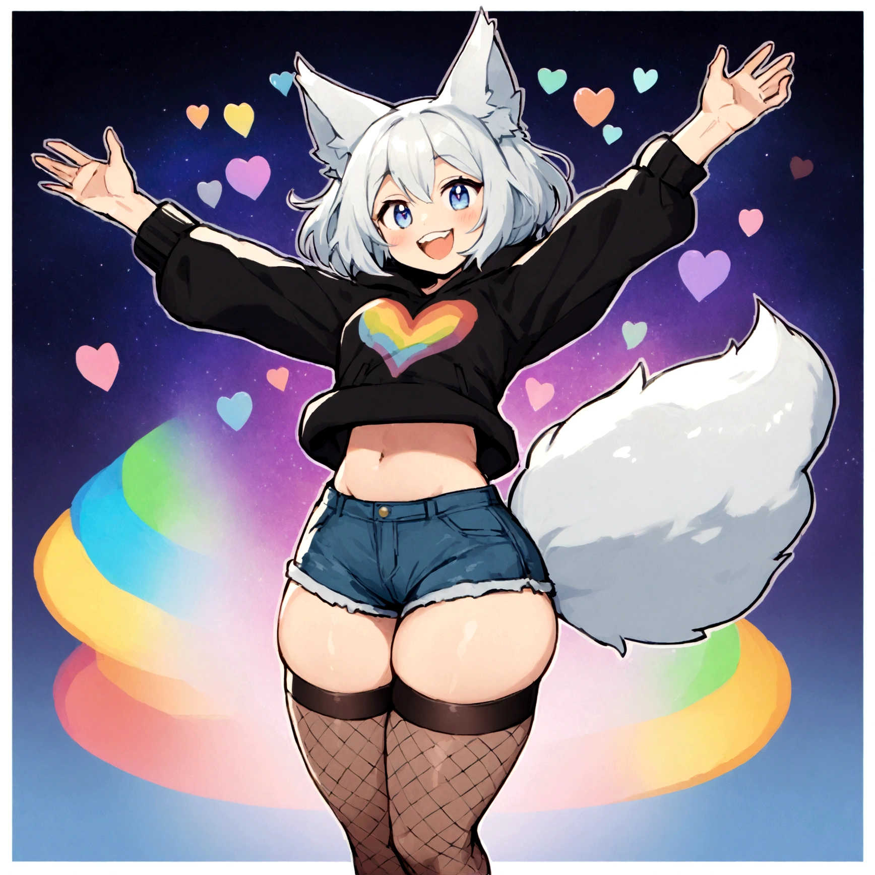 a cute adult male with wolf ears, white hair, has a wolf tail, wearing a loose cropped oversized black hoodie, wearing a pair of denim short shorts and thigh high fishnet stockings, thick thighs, wide hips, relaxing on mound of fluffy multi colored kawaii plushies, short, very slim, showing slender tummy, stretching out, heart on hoodie, squishy thighs, has glowing blue eyes. alone, solo (ALONE)(SOLO), surrounded by rainbows, colorful galaxy backround, mouth wide open grin, very happy, excited, nice butt