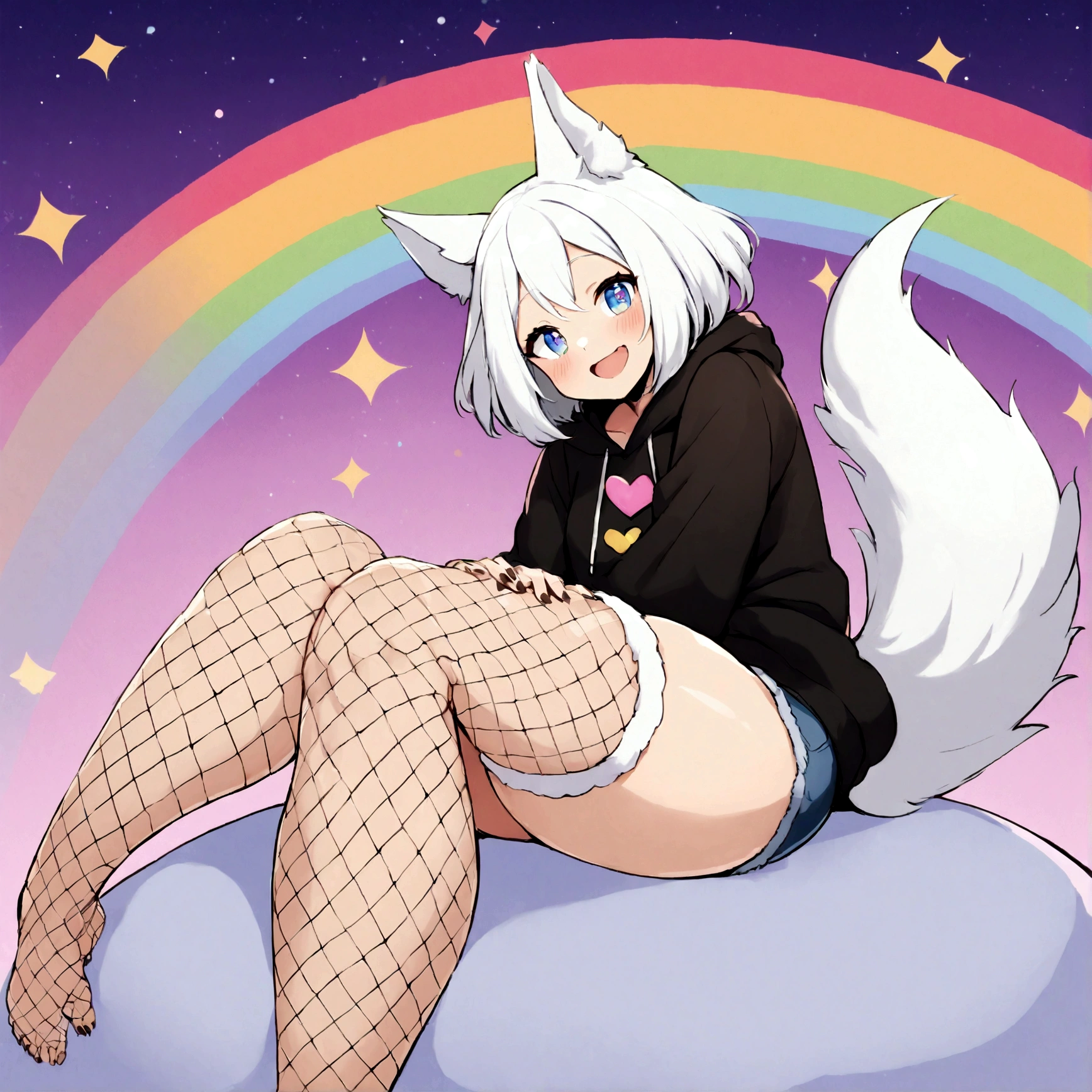 a cute adult male with wolf ears, white hair, has a wolf tail, wearing a loose cropped oversized black hoodie, wearing a pair of denim short shorts and thigh high fishnet stockings, thick thighs, wide hips, relaxing on mound of fluffy multi colored kawaii plushies, short, very slim, showing slender tummy, stretching out, heart on hoodie, squishy thighs, has glowing blue eyes. alone, solo (ALONE)(SOLO), surrounded by rainbows, colorful galaxy backround, mouth wide open grin, very happy, excited, nice butt