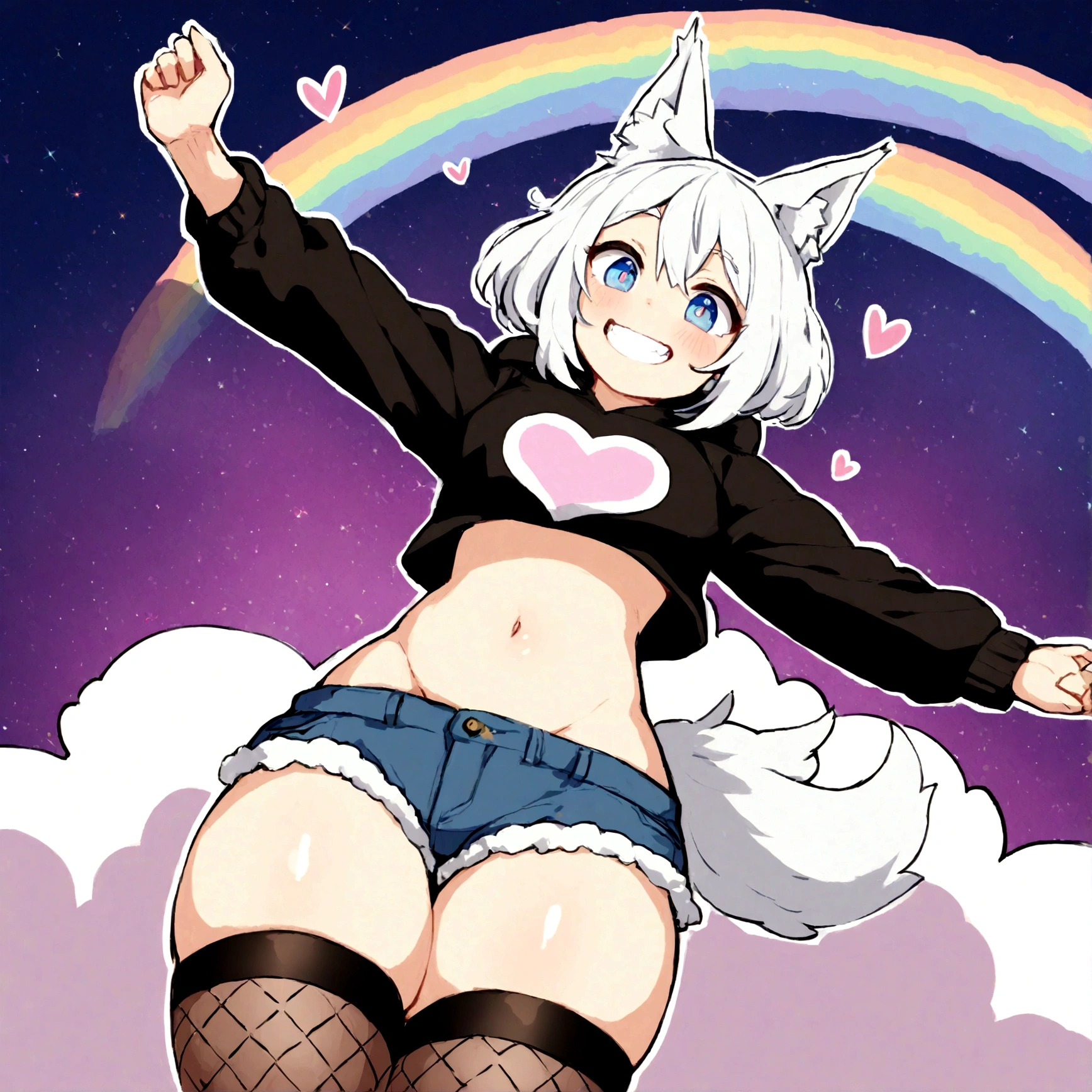 a cute adult male with wolf ears, white hair, has a wolf tail, wearing a loose cropped oversized black hoodie, wearing a pair of denim short shorts and thigh high fishnet stockings, thick thighs, wide hips, relaxing on mound of fluffy multi colored kawaii plushies, short, very slim, showing slender tummy, stretching out, heart on hoodie, squishy thighs, has glowing blue eyes. alone, solo (ALONE)(SOLO), surrounded by rainbows, colorful galaxy backround, mouth wide open grin, very happy, excited, nice butt