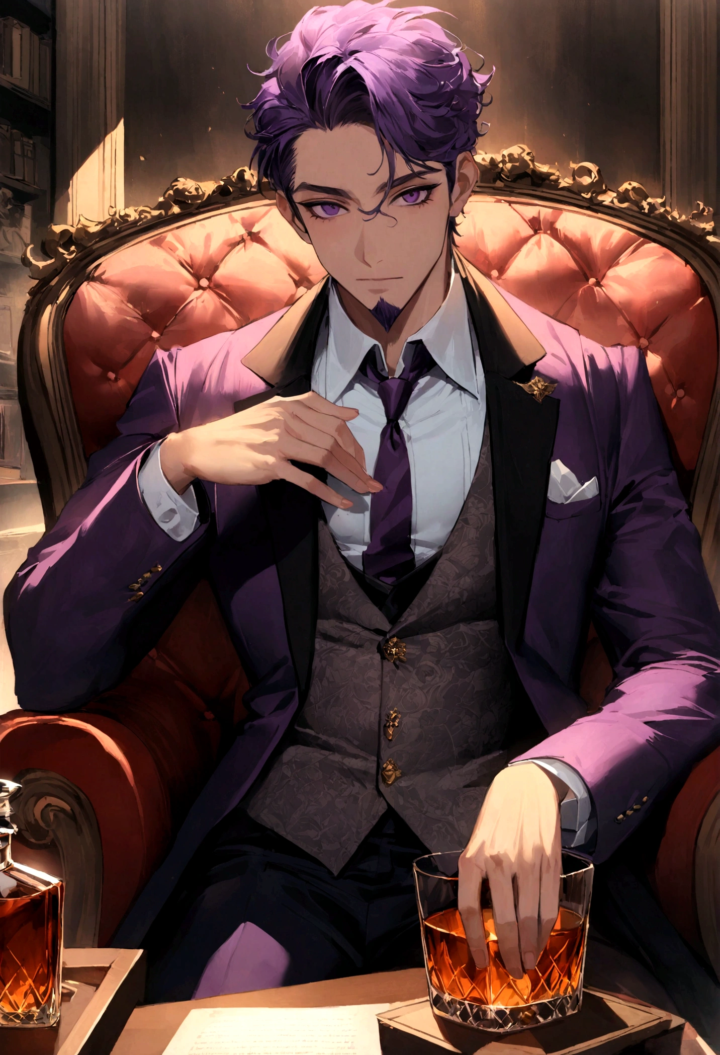 Create a cartoon scene of peaky blinders and a captivating scene of a young man with a goatee and a trimmed mustache, tem maxilar marcado, sitting in his office on a leather chair with a glass of whiskey on the table, he has an elegant suit with purple details this is very important in his suit as the purple highlights his greatness, your tie is also magnificent in dark purple tones, her hair is well cut with a small pompadour. Imagine um homem incrivelmente bonito com uma atitude confiante, sorriso um pouco arrogante, as if he were the protagonist of a story. Illuminate your features with dramatic lighting, criando contrastes gritantes entre luz e sombra. Give the scene a gritty touch, atmosfera misteriosa, capturing the essence of classic aesthetics. Pay attention to details like clothing for an authentic touch. Let the overall composition evoke a sense of intrigue, where the enigmatic allure of this beautiful figure takes center stage in a cinematic world. and that he is probably very powerful as the head of a mafia family that controls big business
