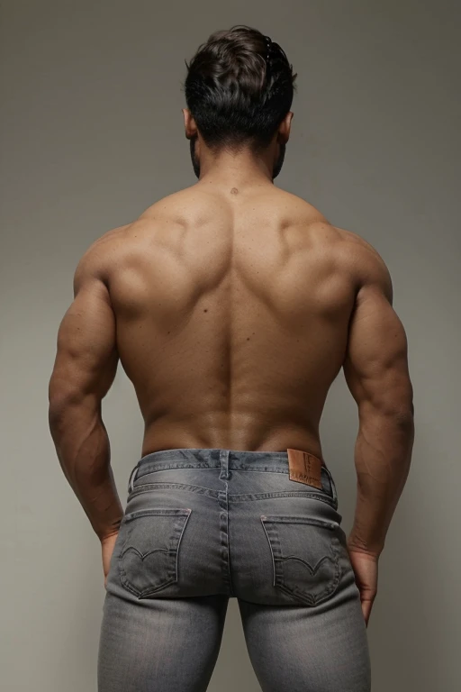 jogador de futebol, homem negro, very handsome, cabelos brancos, muscular, full body, gray jeans (((backside)))