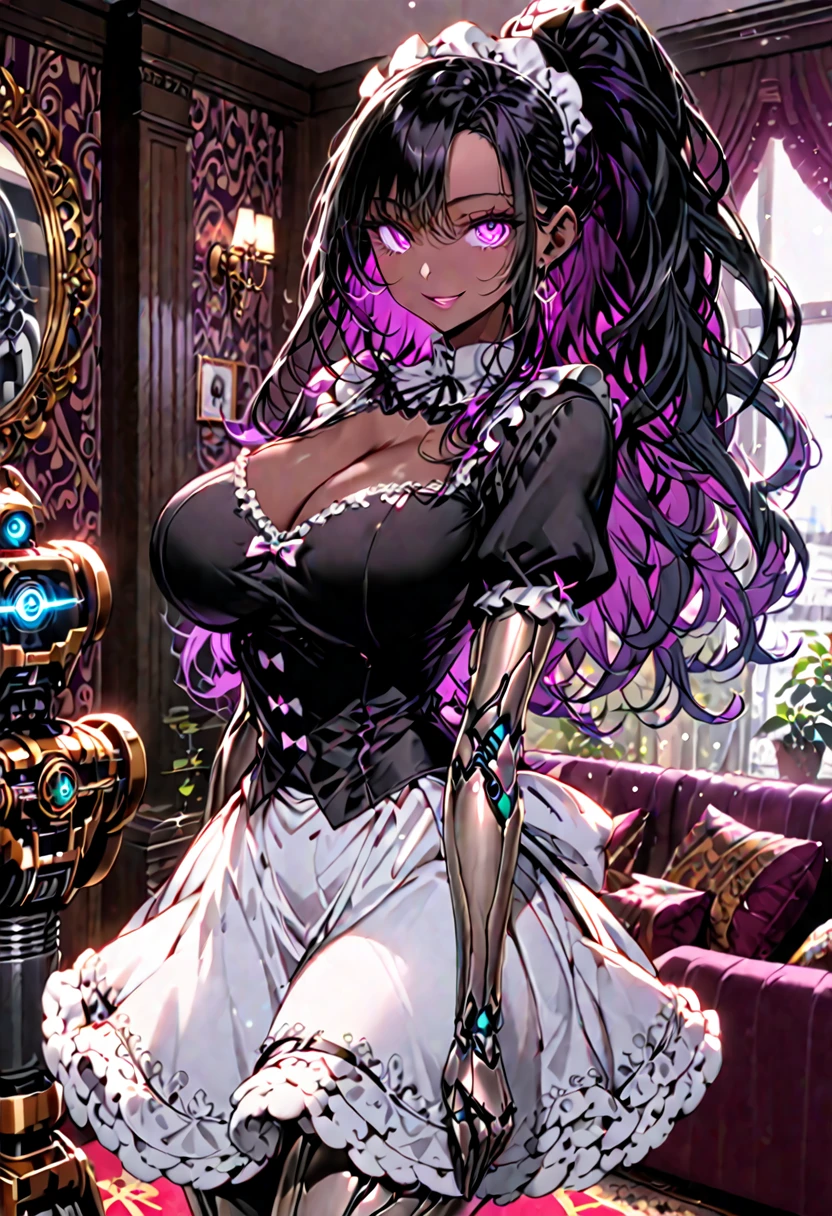solo, female, medium shot, sfw, huge , dark skin, magenta eyes, tall, long hair, black hair, ponytail, personal assista wide smile, curvaceous, robot joints, living room, cozy, large wavy hair, large breasts, faid uniform, cleavage, fluffy hort sleeves, fluffy sleeves, narrow waist, luxurious