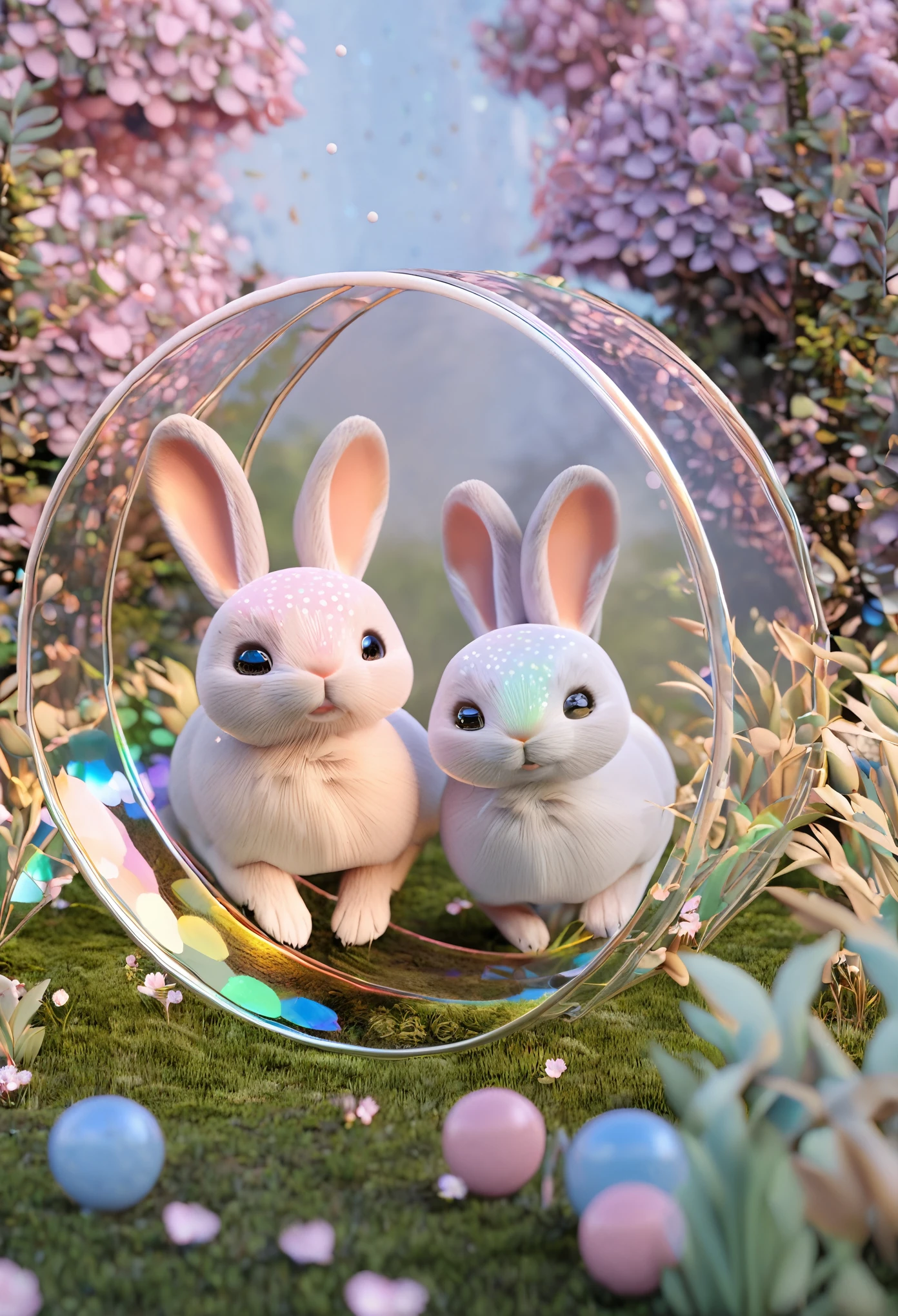 best quality, super fine, 16k, extremely detailed, 3D, delicate and dynamic, adorable fantasy story, round fluffy baby bunnies, white, grey, brown, hopping through the forest, transparent and translucent iridescent barrier, sparkling frame made of pastel polka dots