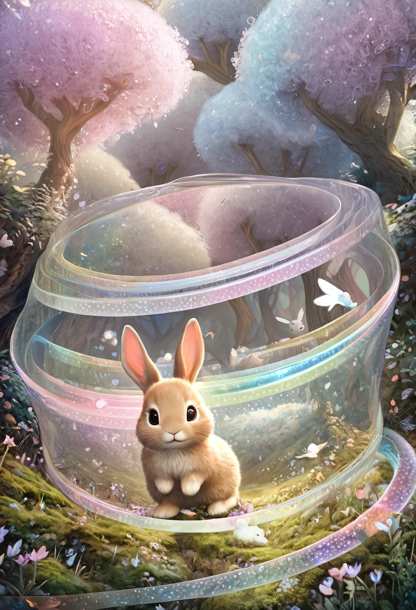 best quality, super fine, 16k, extremely detailed, 2.5D, delicate and dynamic, adorable fantasy story, round fluffy baby bunnies, white, grey, brown, hopping through the forest, transparent and translucent iridescent barrier, sparkling frame made of pastel polka dots