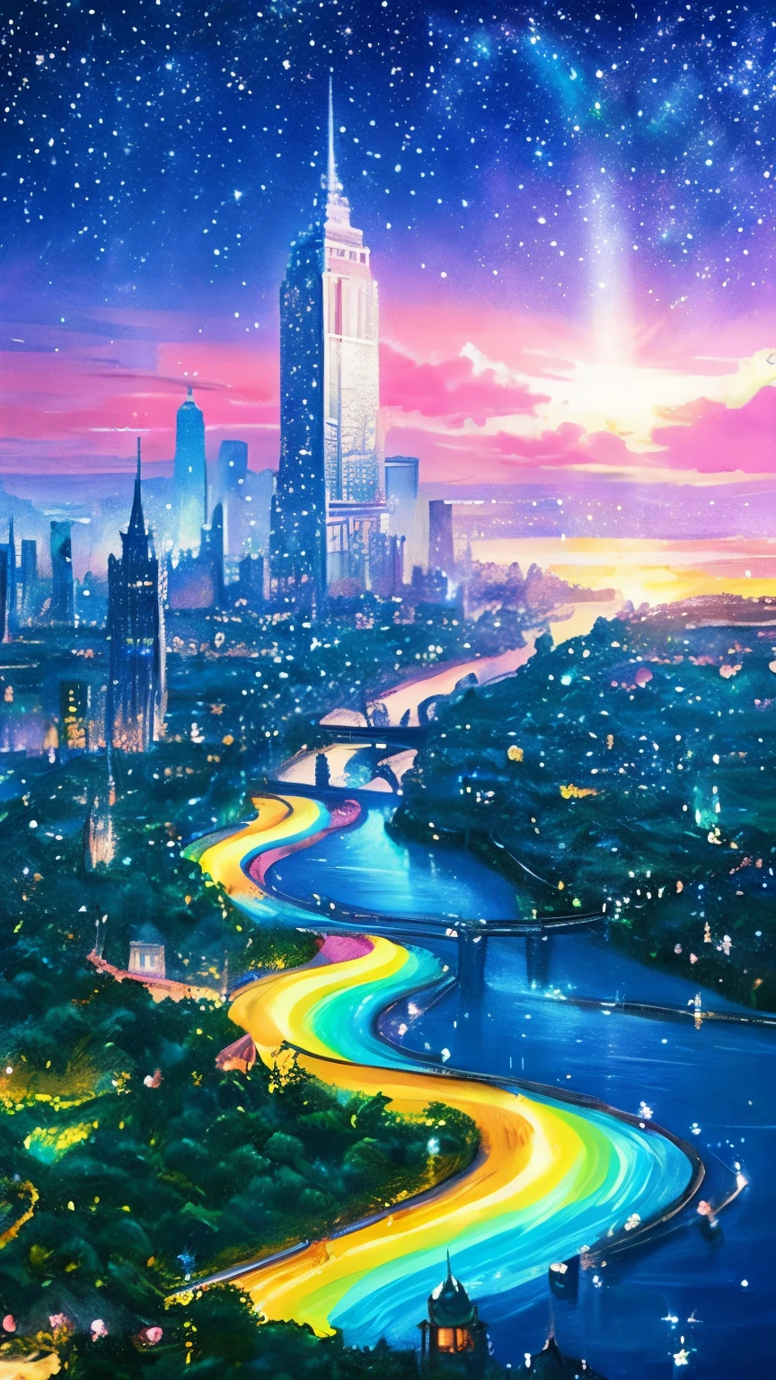 Colorful Metropolitan Museum of Art、Painting of a river with stars and moon in a rainbow sky、Met、輝くskyscraper、Shine overall、skyscraper、Concept art inspired by Tosa Mitsuoki、pixiv contest winners、highest quality、Fantasy art、Beautiful anime scene、Bright Moon、Moonlight Star Environment、Dream painting、Anime Background Art、Fantasy Landscape Painting、Fantasy Knight、Anime Background、Background artwork、Amazing art、Atmospheric anime、Starry Sky、details enhanced。
