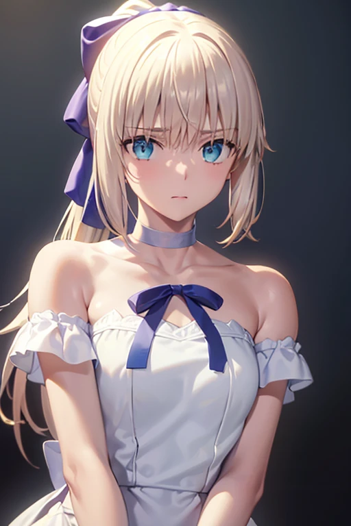 highest quality, Tabletop,Things to know, Not enough, One Girl, blush、Shame face、Glare、gloves, Elbow Groove, choker, (((White mini dress:1.3)))、Thighs, Official Alternative Costumes, chest, clavicle, ponytail, 白いgloves, chestの谷間, Exposing shoulders, short hair, Parody, 青いchoker, Hair 弓, Blue Ribbon,((( Skirt lifted、Cute Panties)))、Backwards、look back、Butt