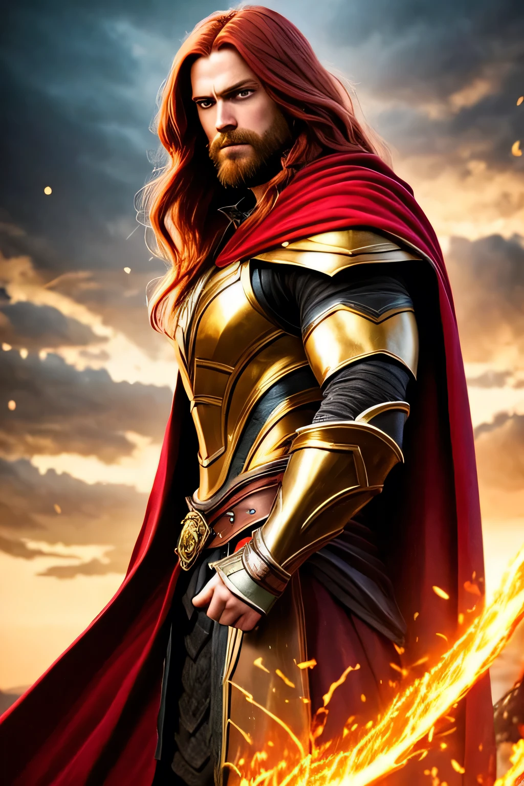 ((best quality),(masterpiece),(detailed),perfect face,a adult man with long (red hair),(redeyes),wearing a golden armor with a cloak and hood,mountain behind,beautiful,muscular,(cinematic),(dramatic lighting),(digital painting),(highly detailed),(sharp focus),(photorealistic),(ultra-realistic),(hyper detailed),(epic),(fantasy),(cinematic composition),(heroic pose),(chiaroscuro),(dramatic)