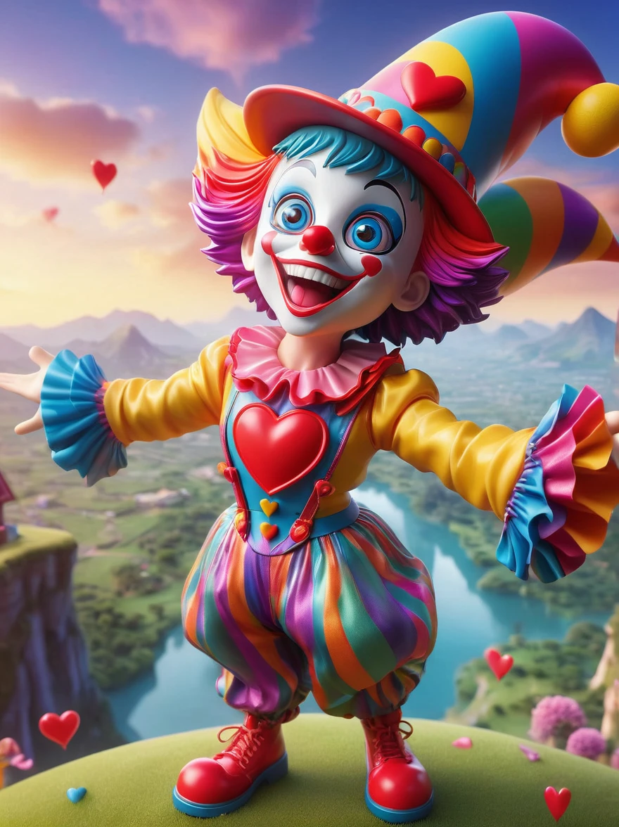 1girl，solo，clown，Grinning，big eyes，sparkling，fit，Wearing chaotic and brightly colored clothing，Wearing a fancy hat with a heart symbol，Baggy pants，Vivid expression of excitement，Open your arms，(The background is a hovering otherworldly landscape)，full-body shot，Cartoon Style，Created with C4D and Blender，precise，Blind box toy style，Super Detail，Anatomically correct，masterpiece