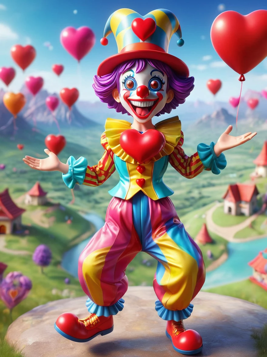 1girl，solo，clown，Grinning，big eyes，sparkling，fit，Wearing chaotic and brightly colored clothing，Wearing a fancy hat with a heart symbol，Baggy pants，Vivid expression of excitement，Open your arms，(The background is a hovering otherworldly landscape)，full-body shot，Cartoon Style，Created with C4D and Blender，precise，Blind box toy style，Super Detail，Anatomically correct，masterpiece