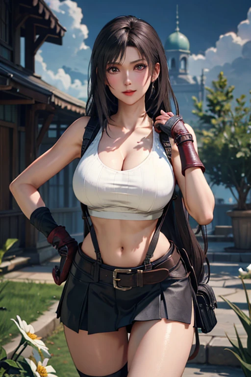 (Practical: 1.4), 最high quality, Very delicate and beautiful, high resolution,masterpiece, 最high quality, 超high resolution, (Practical:1.4), Detailed beautiful face, , A girl, Tifa_Lockhart, Final Fantasy VII Remake, stunning european women,Cowboy shooting, Suspenders, Low level, Black mini skirt, White vest with black border, nervous shirt, Black Hair, long hair, Sexy body,Beautiful breasts, very beautiful shining eyes,Beautiful Feet, so cute, close upポトレイト, 柔らかい肌のPerfect faceを持つ素敵な, Perfect face, (((Huge breasts))),Tight waist,Chain、thigh、In the dungeon,complete picture, Shapely hips, 8k resolution,Surrealism,Extremely detailed,high quality, (Huge teardrop chest, Huge breastsの谷間:1.2)， Giant ， close up,sparse field
