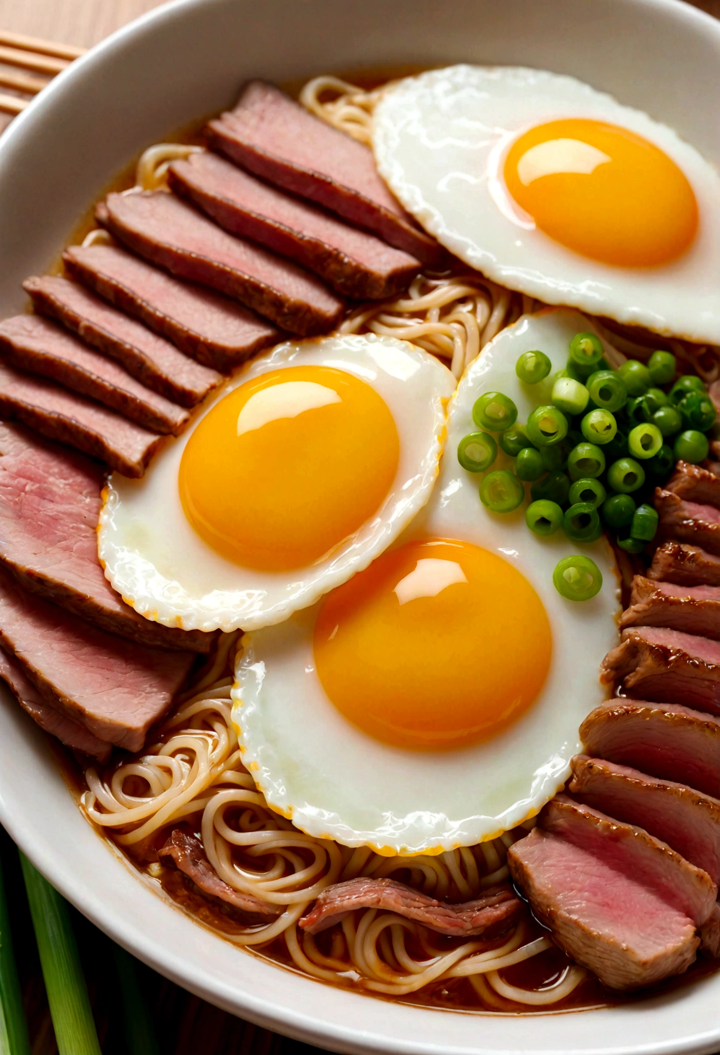 extreme close-up, a bowl of Japanese ramen noodles with sliced meat, a fried egg, and green onions