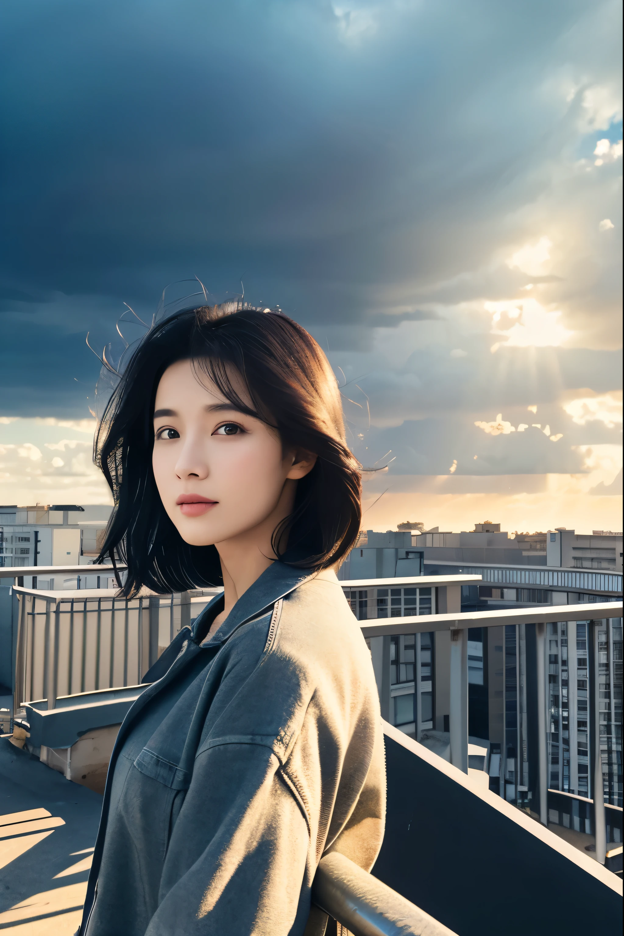 ((masterpiece, In 8K, High resolution, Realistic)),Slim beautiful woman、Black Hair、Stormy skies、sunshine、View from the rooftop of a building、Clerk&#39;s uniform、weather forecast