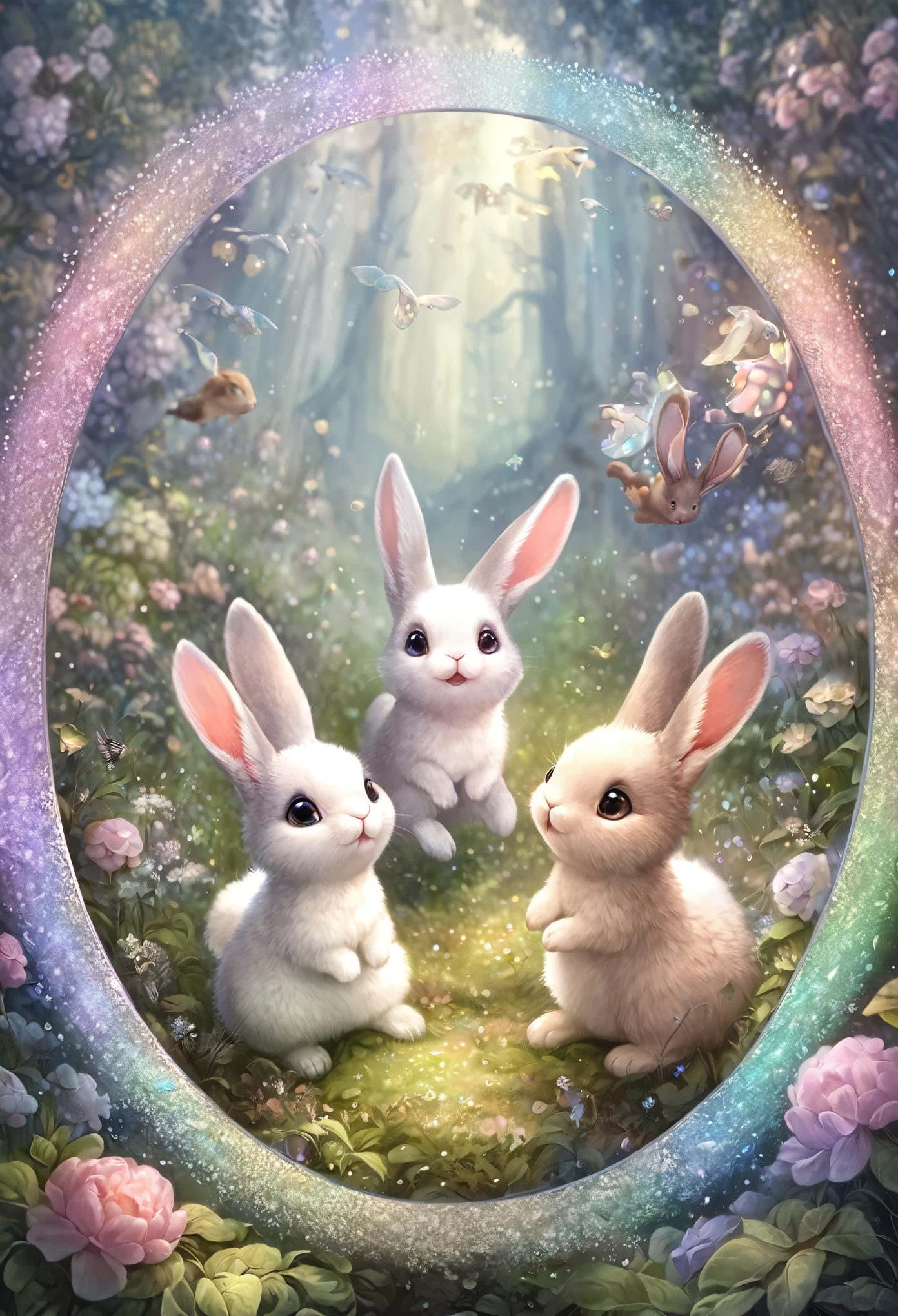 best quality, super fine, 16k, extremely detailed, delicate and dynamic, adorable fantasy story, round fluffy baby bunnies, white, grey, brown, hopping through the forest, transparent and translucent iridescent barrier, sparkling frame made of pastel polka dots