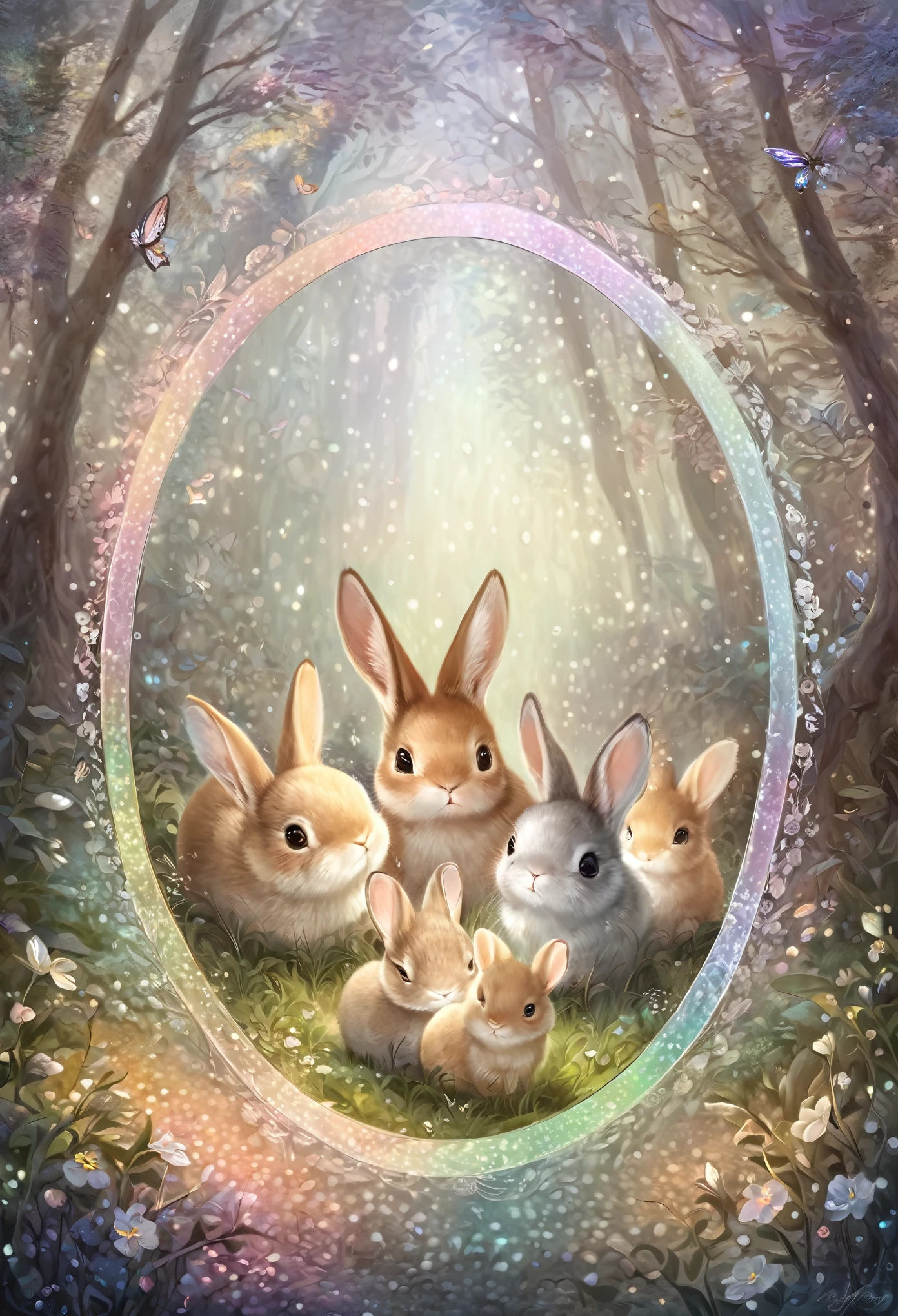 best quality, super fine, 16k, extremely detailed, delicate and dynamic, adorable fantasy story, round fluffy baby bunnies, white, grey, brown, hopping through the forest, transparent and translucent iridescent barrier, sparkling frame made of pastel polka dots