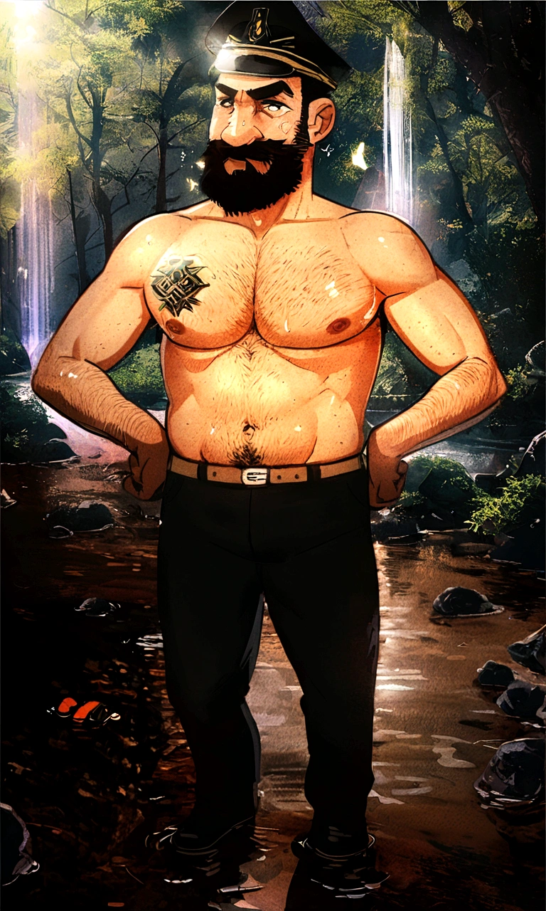 Haddock, (pose:Full Body Shot), (posing:Full Body Shot), (soft shading), (((4k, hi res, Ray tracing))), ((((extreme detailed sweat drops, glistening, glistening body))), (((five fingers, detailed hands))), ((detailed face, (detailed eyes:1.0), detailed)), by zackarry911, by zaush, (by personalami:0.5), looking at viewer, (((horny and annoyed))), (((old and wise))),shirtless, 1boy, (((Highly detailed jewelry))), standing, closed mouth,(((bathing,ashamed))),(((Mustache,body hair, nude, thick chest hair, beard, tuft, chest tuft, arm tuft))),(((muscular, dad bod))) ,male focus, black hair, (((naked, nude))), nature, formal, (((extreme detailed face))// ((big human penis))