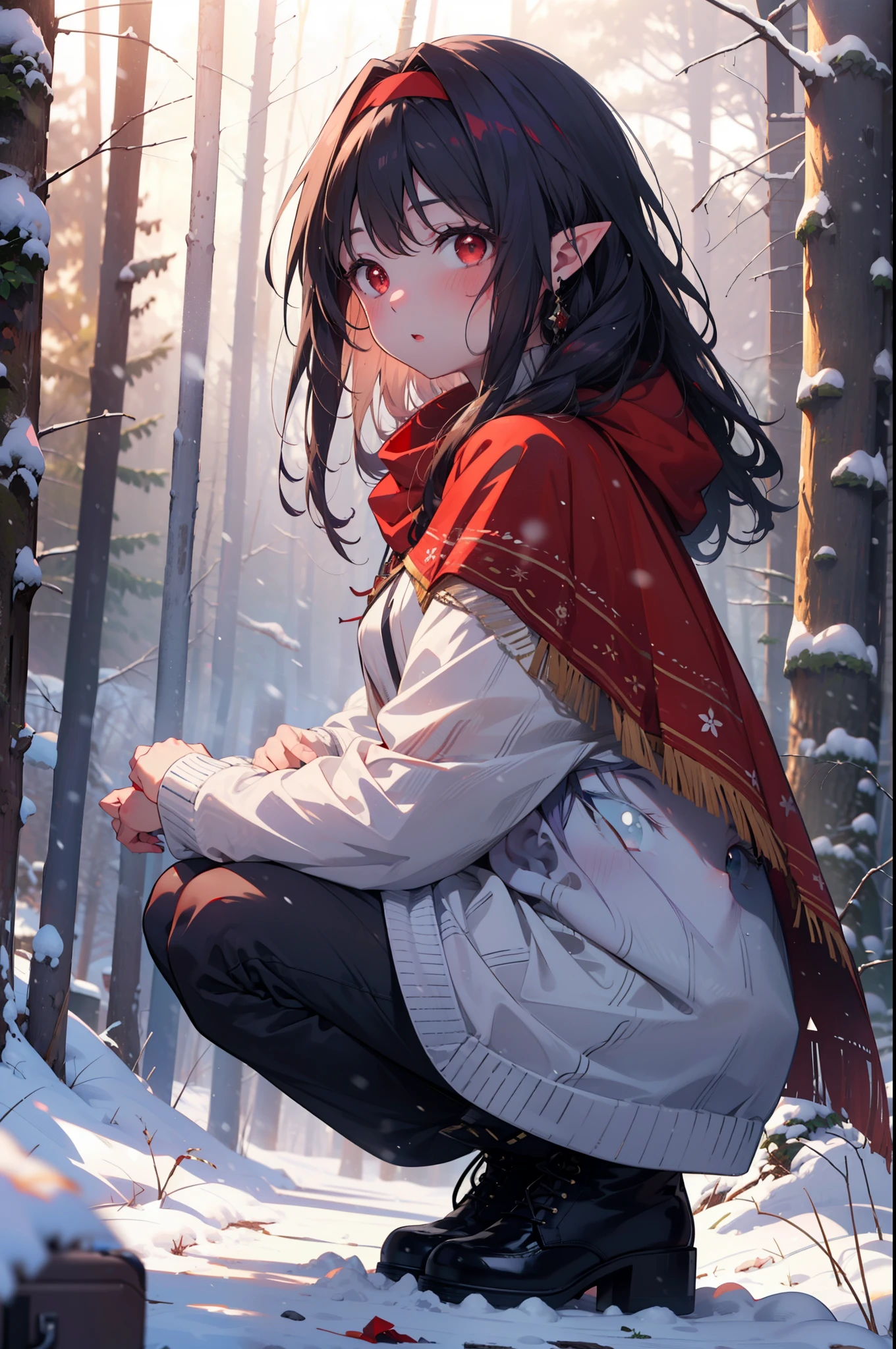 yuukikonno, Yuki Konno, hair band, Long Hair, Pointy Ears, Purple Hair, (Red eyes:1.5), (Small breasts:1.2),blush,White Breath, Open your mouth,snow, Bonfire, Outdoor, boots, snowing, From the side, wood, suitcase, Cape, Blurred, forest, nature, Brown eyes, , Squat, Mouth closed, ,Cape, winter, Written boundary depth, Black shoes, red Cape
break looking at viewer, Upper Body, whole body,
break Outdoor, forest, nature,
break (masterpiece:1.2), highest quality, High resolution, unity 8k wallpaper, (shape:0.8), (Fine and beautiful eyes:1.6), Highly detailed face, Perfect lighting, Highly detailed CG, (Perfect hands, Perfect Anatomy),