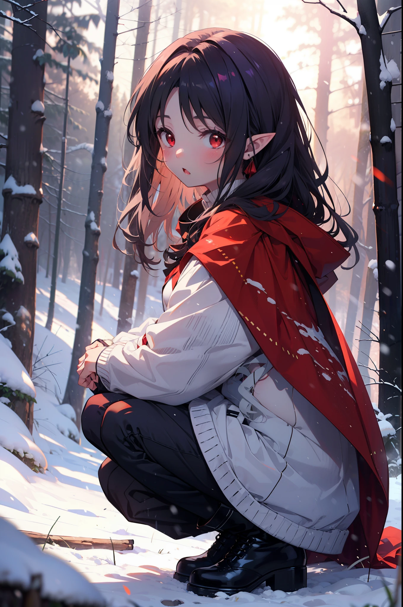 yuukikonno, Yuki Konno, hair band, Long Hair, Pointy Ears, Purple Hair, (Red eyes:1.5), (Small breasts:1.2),blush,White Breath, Open your mouth,snow, Bonfire, Outdoor, boots, snowing, From the side, wood, suitcase, Cape, Blurred, forest, nature, Brown eyes, , Squat, Mouth closed, ,Cape, winter, Written boundary depth, Black shoes, red Cape
break looking at viewer, Upper Body, whole body,
break Outdoor, forest, nature,
break (masterpiece:1.2), highest quality, High resolution, unity 8k wallpaper, (shape:0.8), (Fine and beautiful eyes:1.6), Highly detailed face, Perfect lighting, Highly detailed CG, (Perfect hands, Perfect Anatomy),