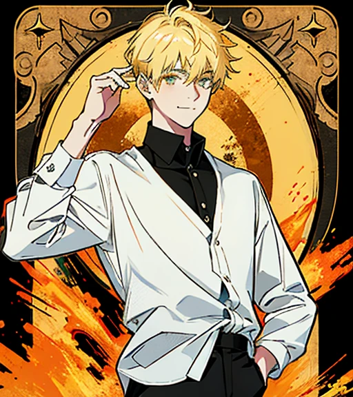 17 year old boy, with blonde hair and amber eyes. Camisa negra y sonriendo. Estilo dibujo digital