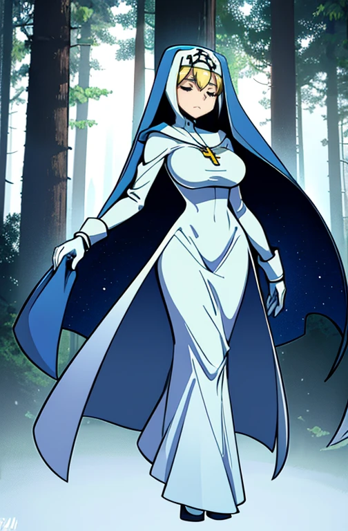 Double, short blonde hair, medium breasts, solo, smiling, cowboy shot, closed eyes,
blue habit, cross necklace ,white gloves, long sleeves, nun, long skirts, cloak, cape, full body view
(insanely detailed, beautiful detailed face,beautiful detailed eyes, masterpiece, best quality) forest