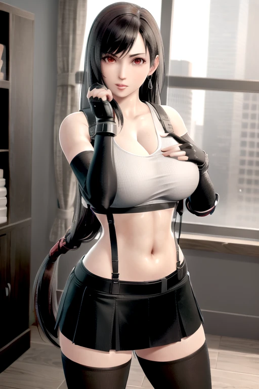 game_Tifa Lock Heart_aiwaifu,aiwaifu,Suspenders,Tifa Lockhart,Crop Top,elbow Gloves,fingerless Gloves,Gloves,long hair,Vest,Black Hair,diaphragm,black skirt,skirt,low-tied long hair,suspender skirt,High Leg Raise,black High Leg Raise,earrings,Jewelry,black Gloves,(((Full breasts)))(((Cleavage))),(Huge teardrop chest, Huge cleavage:1.2)Perfect body,miniskirt,good exercise,Absolutely great opportunity,Bare shoulders,Red Eyes,Umbilical cord,shirt,Elbow pads,white Vest,Lips,Brown eyes,adjustment of clothes,adjusting Gloves,Tight clothes,belt,chain,clavicle,shorts,Stomach,thigh,Arm Guard,black Pantyhose,Pantyhose,pleated skirt,very long hair,masterpiece,best quality,Super detailed, High resolution,incredible_absurd,8K, Perfect lighting,Very detailed,landscape,posture,straight on,Solitary,looking at the audience,  