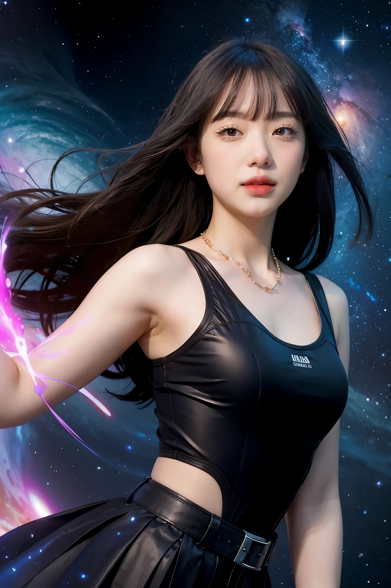 (best quality, masterpiece), 1girl, pose, particle, wind, flower, upper body, simple background, looking at viewer, black wildly hair, cosmic, nebulas, galaxy