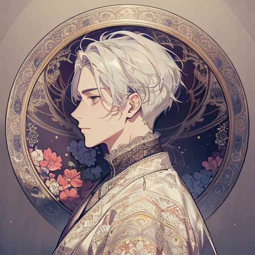 (​masterpiece、top-quality、top-quality、Beautifully Aesthetic:1.2)、(1male:1.3)、(Fractal Art:1.3)、Delicate lace clothing、Round picture frame、Flowers and Gemstones、Platinum Silver Hair Ornament、Geometric pattern、colourful hair、profile、Faces close