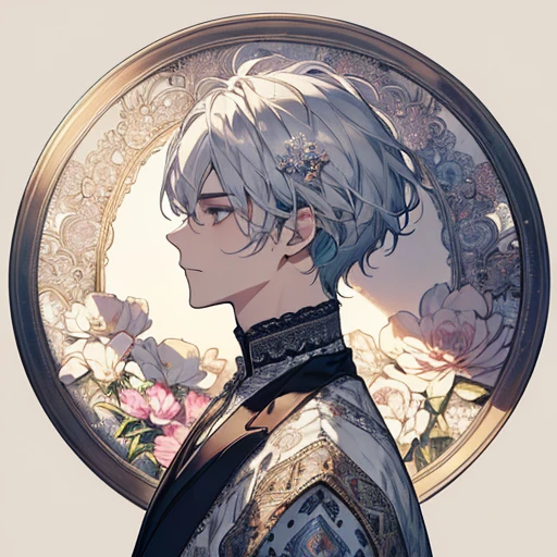 (masterpiece、top-quality、top-quality、Beautifully Aesthetic:1.2)、(1male:1.3)、(Fractal Art:1.3)、Delicate lace clothing、Round picture frame、Flowers and Gemstones、Platinum Silver Hair Ornament、Geometric pattern、colourful hair、profile、Faces close