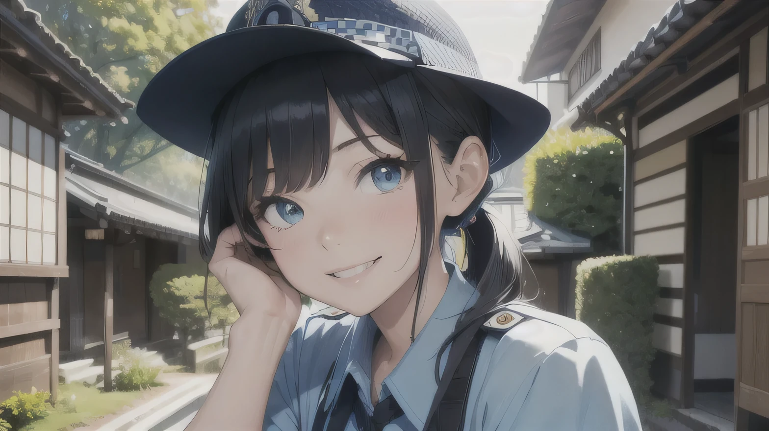 High resolution, highest quality, Super detailed,masterpiece,One girl,Japan,Police Officer,Light blue dress shirt,Summer clothes,Dark blue uniform,hand on headwear,low ponytail,smile,Black Hair