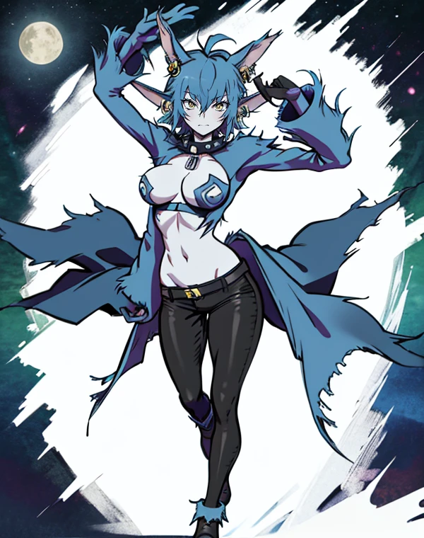 Wolfie, solo, cowboy shot, full body view, blue hair, smiling, black leather pants, spirals, furry gloves, yellow eyes, ears, earrings, spike caller, school