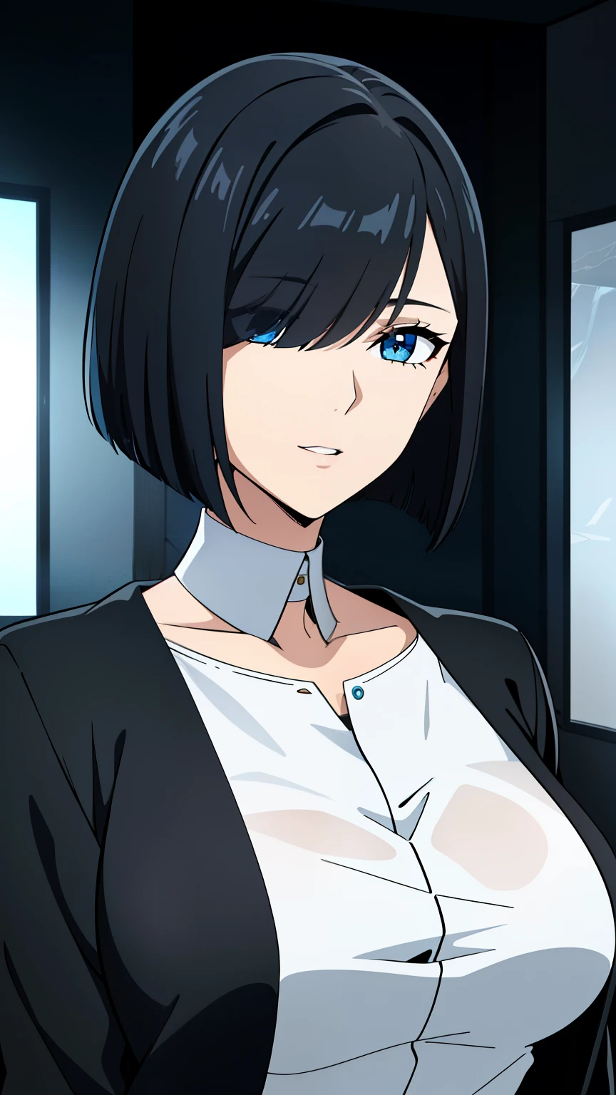 (best quality:1.5, highres, UHD, 4K, detailed lighting, shaders), black hair, bob cut, (hair covering one eye), cool woman, woman, Slender Eyes, sharp eyes, blue eyes, beautiful, indoors background, casual clothes, large breasts