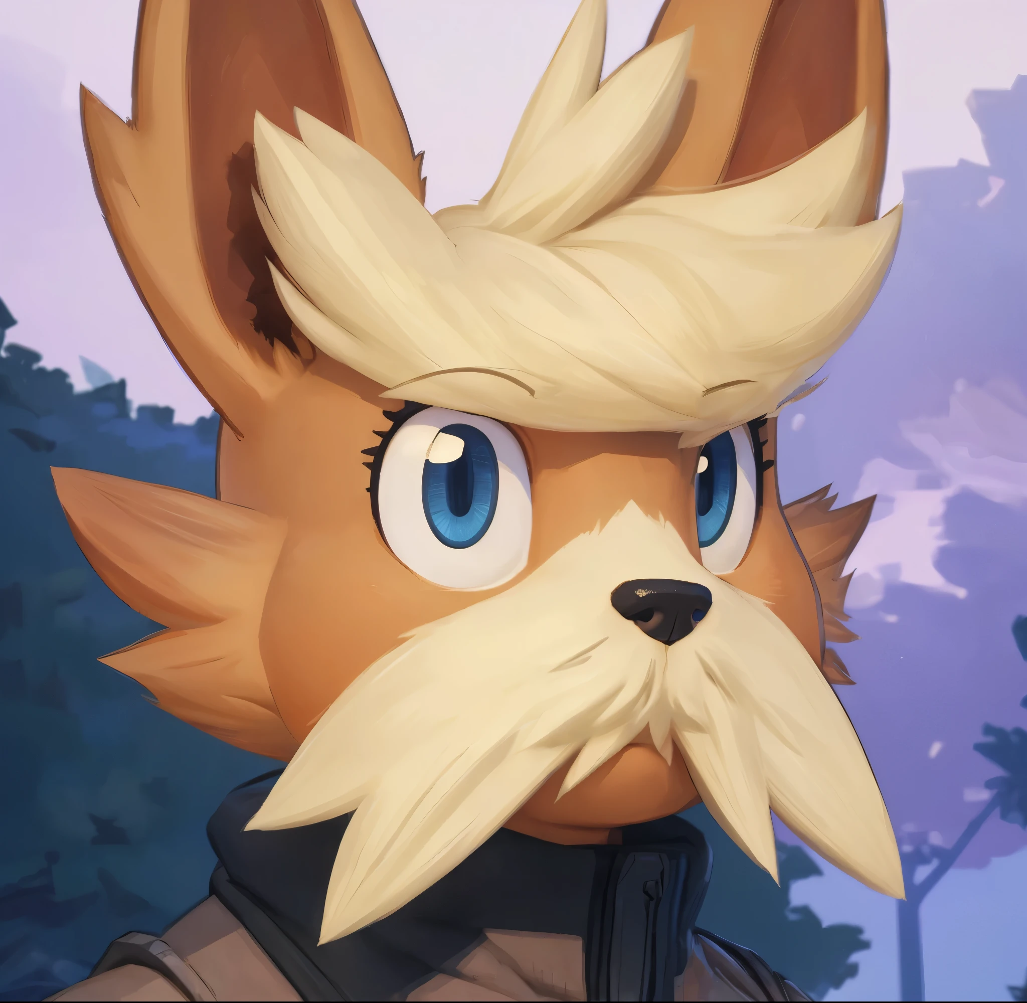 [herdier], [Uploaded to e621.net; (Pixelsketcher), (napalm_express), (woolrool), (wamudraws)], ((masterpiece)), ((HD)), ((high res)), ((solo portrait)), ((bust portrait)), ((feet visible)), ((furry; anthro dog)), ((detailed shading)), ((beautiful render art)), {anthro pokemon; brown and beige fur, black nose, (beige mustache), (dark blue eyes), (confident expression)}, {(standing), (looking at viewer)}, [background; (park), (trees), (sunrise), (orange sky), (sun rays), (ambient lighting)]