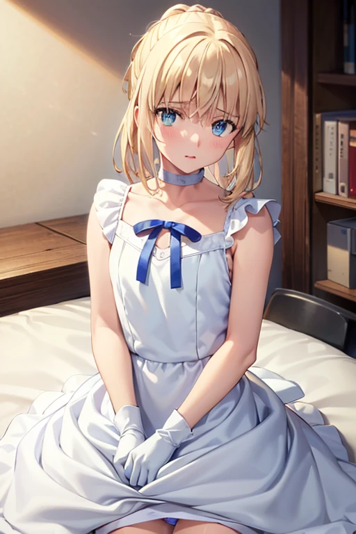 highest quality, Tabletop,Things to know, Not enough, One Girl, gloves, Elbow Groove, choker, (((White mini dress:1.3)))、Thighs, Official Alternative Costumes, chest, clavicle, ponytail, 白いgloves, chestの谷間, Exposing shoulders, short hair, Parody, 青いchoker, Hair 弓, Blue Ribbon,((( Skirt lifted、Cute Panties)))