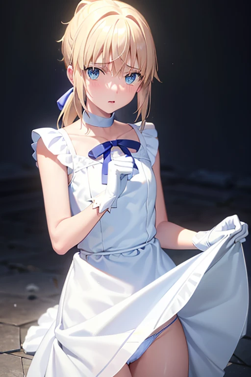 highest quality, Tabletop,Things to know, Not enough, One Girl, gloves, Elbow Groove, choker, (((White mini dress:1.3)))、Thighs, Official Alternative Costumes, chest, clavicle, ponytail, 白いgloves, chestの谷間, Exposing shoulders, short hair, Parody, 青いchoker, Hair 弓, Blue Ribbon,((( Skirt lifted、Cute Panties)))