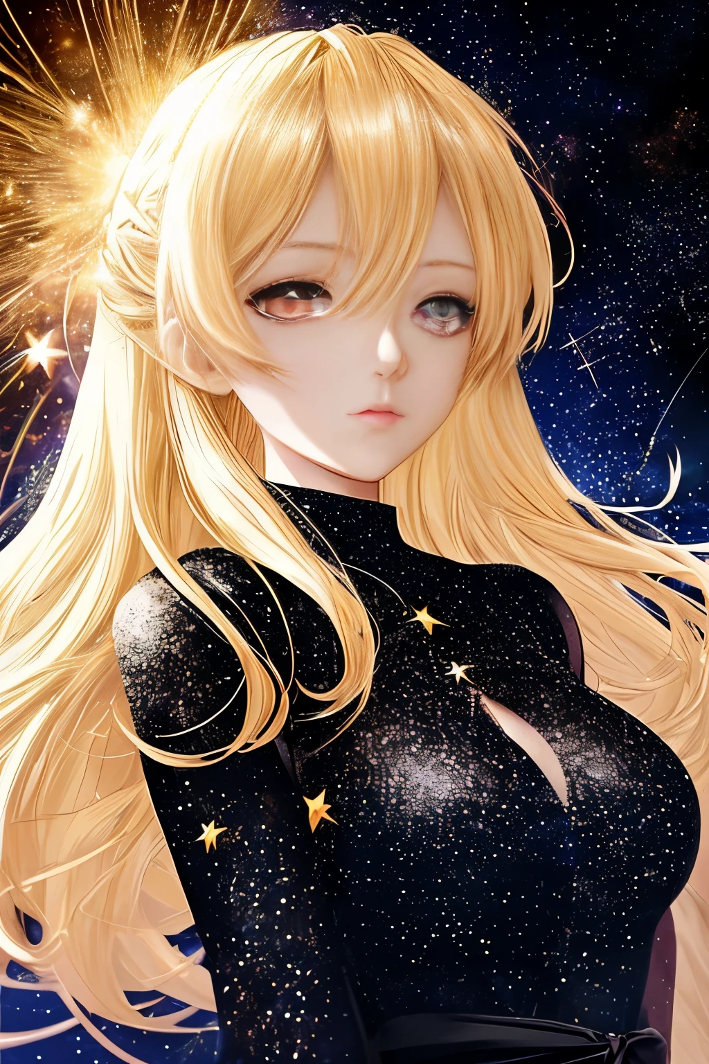 anime style, woman in stars dress, blonde hair, eyes, beautiful woman, black sparkling background, movie scene.