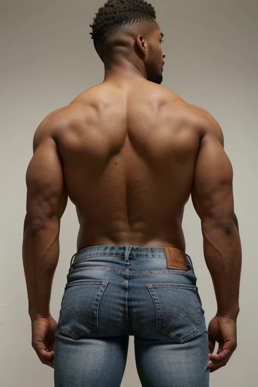 jogador de futebol, homem negro, very handsome, cabelos brancos, muscular, full body, beige jeans (((backside))) bent over