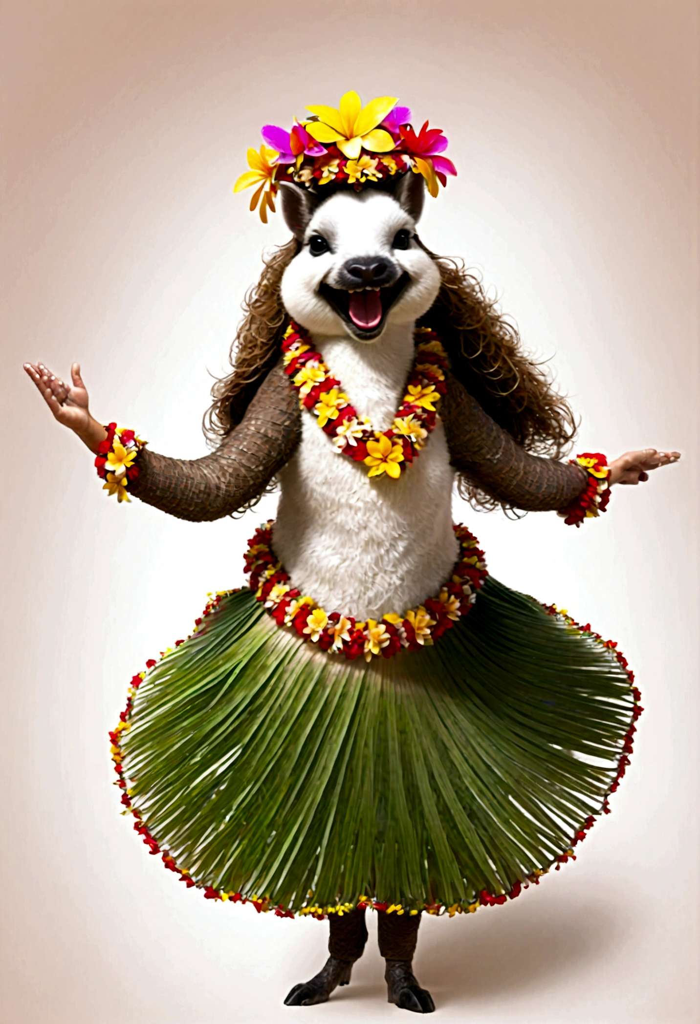 photorealistic portrait of Dressed animals - a ((fat)) angora goat hula dancer,(hula dancing:2.0), (swinging arms :2.0),(happy smile:1.2),high quality,(happy),(lovely) ,intricate details, (furry), highly detailed (( hula dancer's costume)) ,highly detailed decorations, wearing ((bikini top)) and flower lei , (happy), studio lighting,(full body image:1.5),simple background,(viewed from side:2.0),