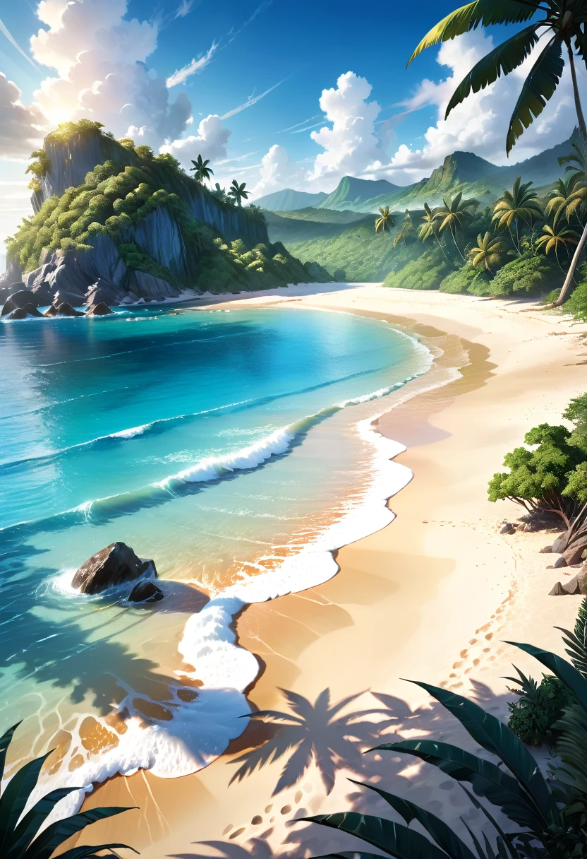 A tranquil seaside landscape, sun-drenched ocean, golden sand beach, beautiful detailed clouds, serene atmosphere, oil painting, lush tropical foliage, warm inviting light, soft pastel colors, enchanting dream-like quality, ultra-detailed, (best quality,4k,8k,highres,masterpiece:1.2),ultra-detailed,(realistic,photorealistic,photo-realistic:1.37),landscape,seascape,seascape painting,tropical paradise,idyllic beach scene,cinematic lighting,vibrant colors,stunning realism