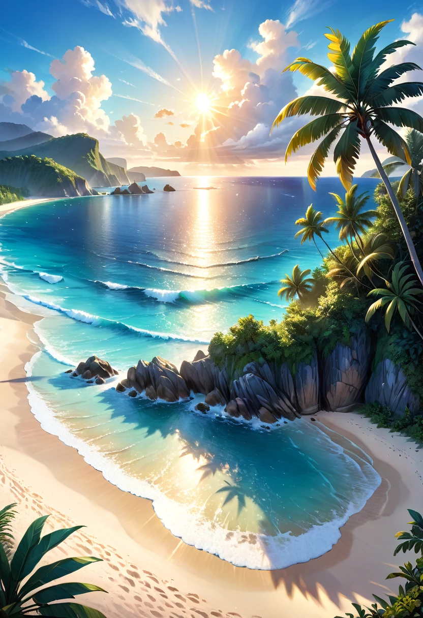 A tranquil seaside landscape, sun-drenched ocean, golden sand beach, beautiful detailed clouds, serene atmosphere, oil painting, lush tropical foliage, warm inviting light, soft pastel colors, enchanting dream-like quality, ultra-detailed, (best quality,4k,8k,highres,masterpiece:1.2),ultra-detailed,(realistic,photorealistic,photo-realistic:1.37),landscape,seascape,seascape painting,tropical paradise,idyllic beach scene,cinematic lighting,vibrant colors,stunning realism