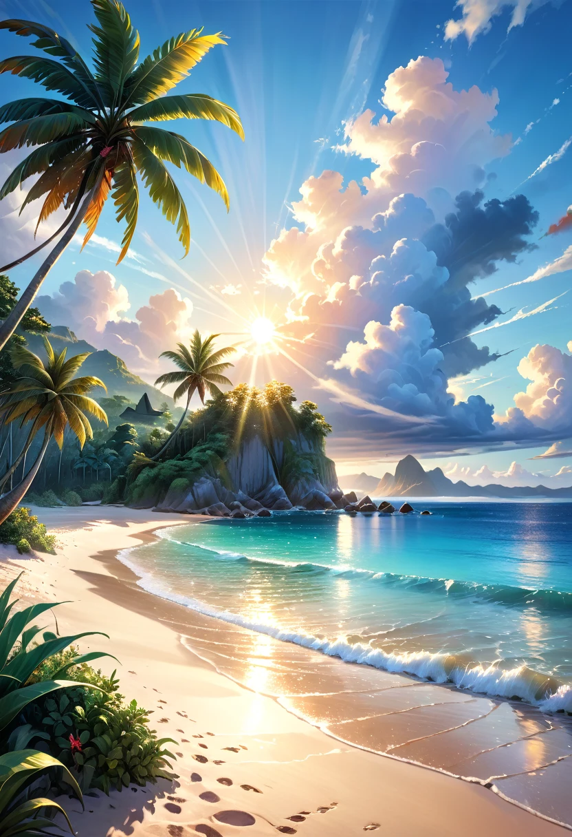 A tranquil seaside landscape, sun-drenched ocean, golden sand beach, beautiful detailed clouds, serene atmosphere, oil painting, lush tropical foliage, warm inviting light, soft pastel colors, enchanting dream-like quality, ultra-detailed, (best quality,4k,8k,highres,masterpiece:1.2),ultra-detailed,(realistic,photorealistic,photo-realistic:1.37),landscape,seascape,seascape painting,tropical paradise,idyllic beach scene,cinematic lighting,vibrant colors,stunning realism