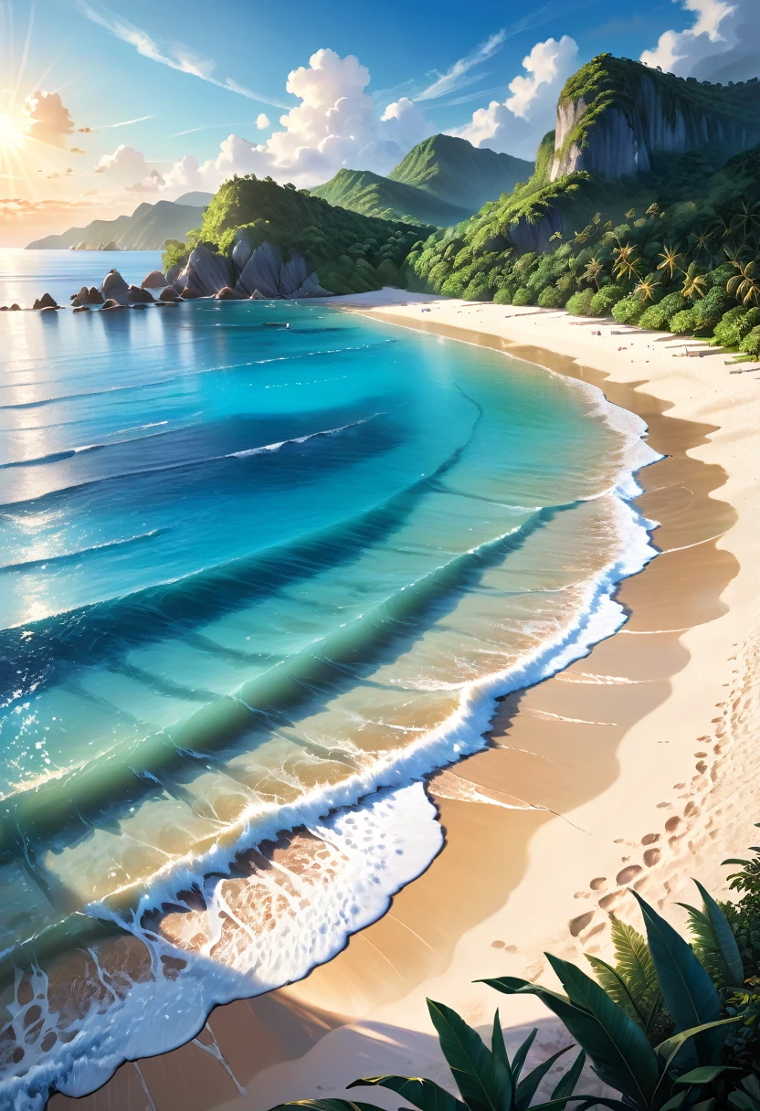A tranquil seaside landscape, sun-drenched ocean, golden sand beach, beautiful detailed clouds, serene atmosphere, oil painting, lush tropical foliage, warm inviting light, soft pastel colors, enchanting dream-like quality, ultra-detailed, (best quality,4k,8k,highres,masterpiece:1.2),ultra-detailed,(realistic,photorealistic,photo-realistic:1.37),landscape,seascape,seascape painting,tropical paradise,idyllic beach scene,cinematic lighting,vibrant colors,stunning realism